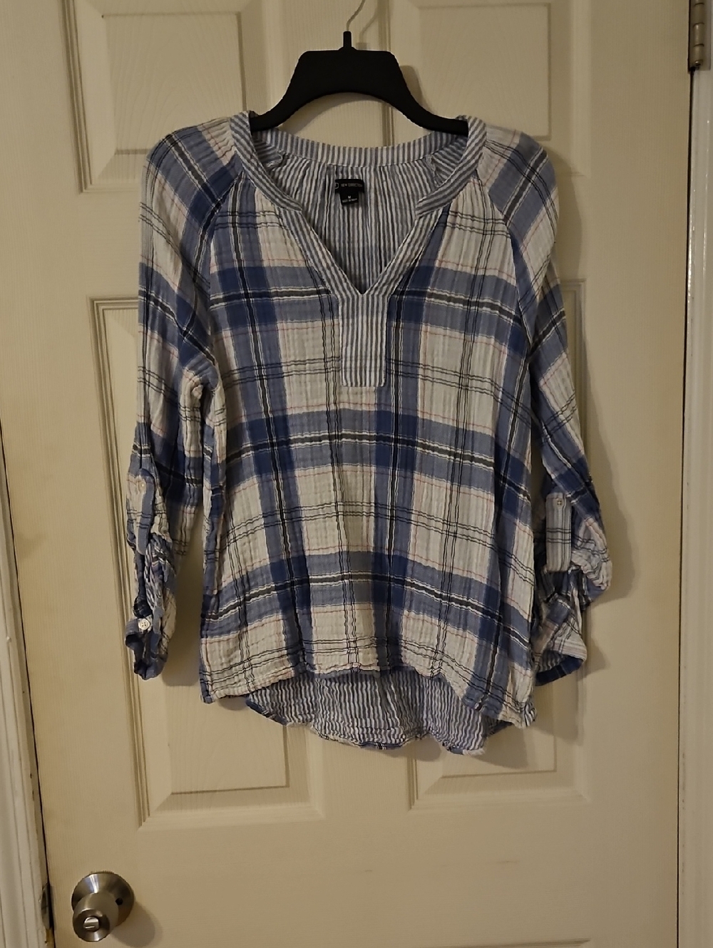 New Directions Blue and White Plaid V-Neck Tunic